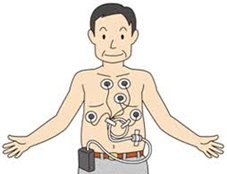 腰の位置に機械を付け、胸部と腹部に電極パットを複数張り付けた男性のイラスト